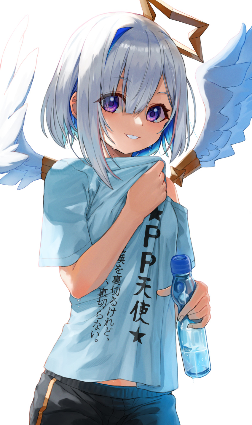 absurdres amane_kanata angel angel_wings asymmetrical_bangs asymmetrical_hair black_shorts blue_hair blue_shirt blush bob_cut bottle clothes_writing colored_inner_hair commentary_request feathered_wings female grey_hair hair_between_eyes hair_over_one_eye halo highres holding holding_bottle hololive medium_hair mugcup multicolored_hair parted_lips pp_tenshi_t-shirt purple_eyes ramune shirt short_sleeves shorts simple_background single_hair_intake smile solo star_halo translation_request two-tone_hair virtual_youtuber white_background white_wings wings