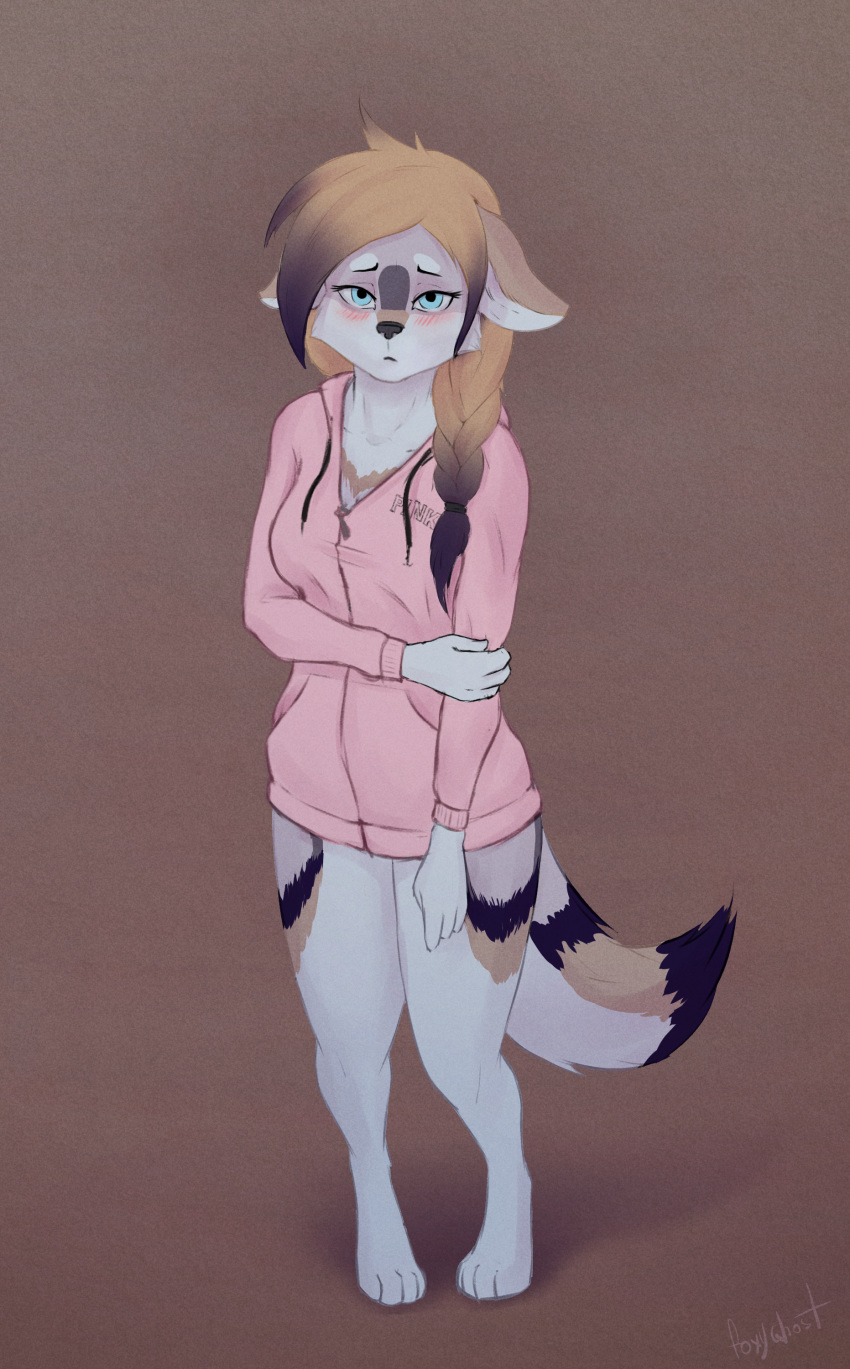 2019 4_toes absurd_res anthro barefoot big_breasts blue_eyes breasts canid canine canis clothed clothing digitigrade feet female foxyghost fur hair hi_res looking_at_viewer mammal shy simple_background solo toes wolf