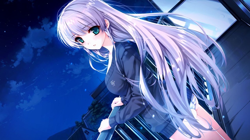 ass bangs black_sweater braid cowboy_shot dutch_angle eyebrows_visible_through_hair female floating_hair furukawa_yui game_cg green_eyes long_hair long_sleeves misaki_kurehito night panties parted_lips rooftop shiny shiny_hair sky solo standing star_(sky) starry_sky striped striped_panties sweater underwear ushinawareta_mirai_wo_motomete very_long_hair white_hair