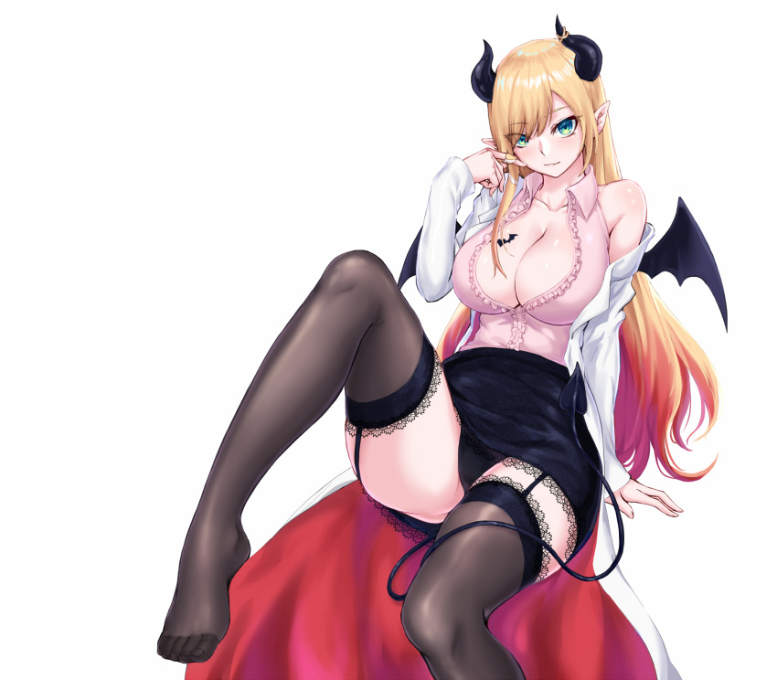 black_horns black_panties black_skirt black_thighhighs black_wings blonde_hair blush breast_tattoo breasts center_frills chinese_commentary cleavage closed_mouth coat collarbone collared_shirt commentary_request demon_girl demon_horns demon_tail demon_wings female foot_out_of_frame frilled_shirt frills garter_straps gradient_hair green_eyes heart heart_tattoo highres hololive horn_ornament horn_ring horns lab_coat lace-trimmed_legwear lace-trimmed_skirt lace_trim large_breasts long_hair looking_at_viewer multicolored_hair no_shoes off_shoulder panties partial_commentary pink_hair pink_shirt pointy_ears shiny_skin shirt simple_background single_sidelock skirt sleeveless sleeveless_shirt smile solo swept_bangs tail tattoo thighhighs underwear virtual_youtuber white_background white_coat winged_heart_tattoo wings yeklsa yuzuki_choco yuzuki_choco_(1st_costume)