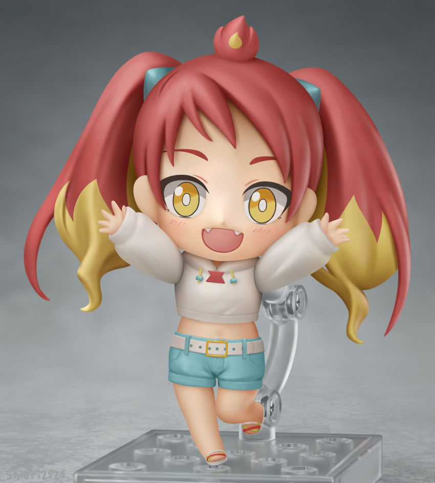 :d arms_up belt blonde_hair blue_shorts bright_pupils chibi denim denim_shorts drawstring fangs faux_figurine female figure_stand full_body grey_background hairband hands_up highres hikasa_tomoshika hood hoodie long_sleeves looking_at_viewer midriff multicolored_hair navel nendoroid open_mouth red_hair sandals shiori2525 shorts simple_background sleeves_past_wrists smile solo twintails two-tone_hair virtual_youtuber voms white_belt white_hoodie white_pupils yellow_eyes