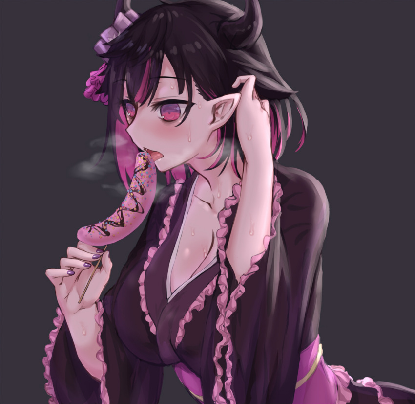 bags_under_eyes black_hair black_kimono blush breasts breath chinese_commentary chocolate_banana cleavage colored_inner_hair commentary_request demon_girl demon_horns female frilled_kimono frills grey_background hair_between_eyes highres horns japanese_clothes kimono large_breasts long_hair long_sleeves multicolored_hair nijisanji open_mouth partial_commentary pink_eyes pink_hair pointy_ears sexually_suggestive simple_background solo tongue tongue_out two-tone_hair upper_body virtual_youtuber yamiyono_moruru yamiyono_moruru_(4th_costume) yeklsa