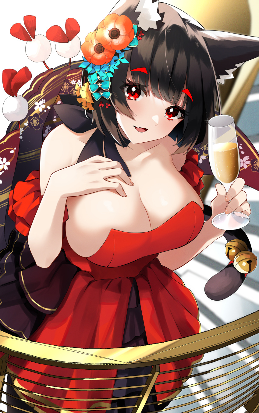 absurdres animal_ears azur_lane bell black_hair breasts cat_ears cat_tail cleavage cocktail_glass collarbone cup dress drinking_glass evening_gown female floral_print flower frilled_dress frills hair_flower hair_ornament hand_on_own_chest highres holding holding_cup large_breasts mismatched_eyebrows official_alternate_costume red_dress red_eyes short_hair sleeveless sleeveless_dress strapless strapless_dress tail tail_bell tail_ornament yamaha_tsui yamashiro_(azur_lane) yamashiro_(dressy_black_cat)_(azur_lane)