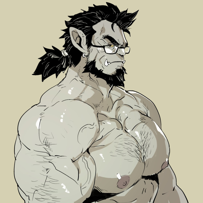 1boy abs arm_hair bara beard colored_skin earrings facial_hair flexing_pectorals from_side full_beard glasses grey_skin hairy highres jewelry large_pectorals looking_at_viewer low_ponytail male_focus mature_male medium_sideburns monster_boy muscular muscular_male nipples nude orc original pectorals pointy_ears rybiok sideburns_stubble solo sparse_chest_hair stubble thick_beard thick_eyebrows tsurime tusks upper_body