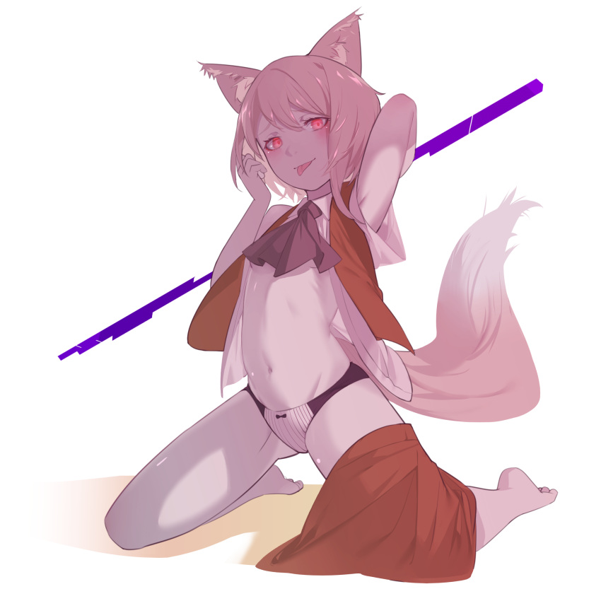 animal_ear_fluff animal_ears arm_up ascot asymmetrical_hair black_ascot black_panties blonde_hair blush bow bow_panties breasts brown_skirt brown_vest collared_shirt commentary_request cookie_(touhou) female fox_ears fox_girl fox_tail full_body hair_between_eyes highres jiyu_(jiyusi) kneeling looking_at_viewer medium_hair miramikaru_riran pale_skin panties red_eyes shirt short_sleeves sidelocks skirt skirt_around_one_leg smile solo tail thighs tongue tongue_out two-tone_panties underboob underwear vest white_background white_panties white_shirt