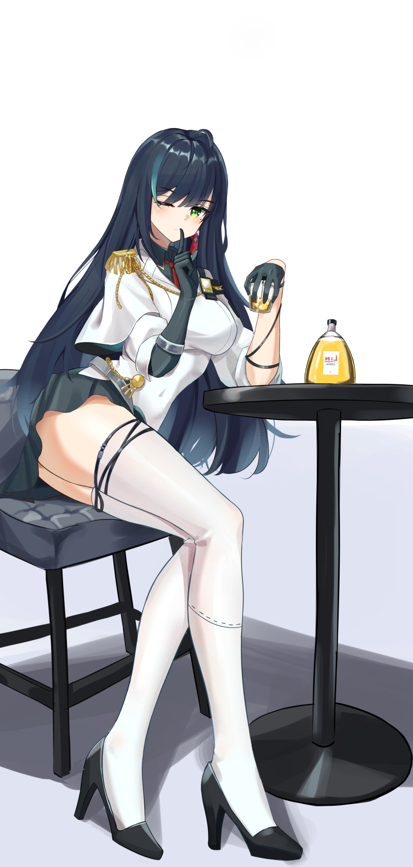 absurdres ahoge black_hair breasts covered_navel cup czk female gloves green_eyes high_heels highres holding holding_cup lin_(tower_of_fantasy) long_hair looking_at_viewer medium_breasts miniskirt mole mole_under_eye on_chair one_eye_closed skirt smile solo thighhighs tower_of_fantasy uniform white_background