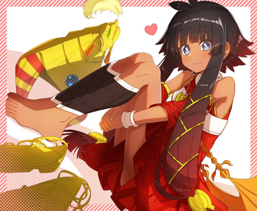 ahoge armpits barefoot black_hair blue_eyes conductor_of_nephthys dark-skinned_female dark_skin detached_sleeves dress duel_monster dutch_angle female flat_chest fuji_tarawi heart long_hair looking_at_viewer red_dress sandals shoes simple_background sitting solo toes unworn_headwear unworn_shoes very_long_hair yu-gi-oh!