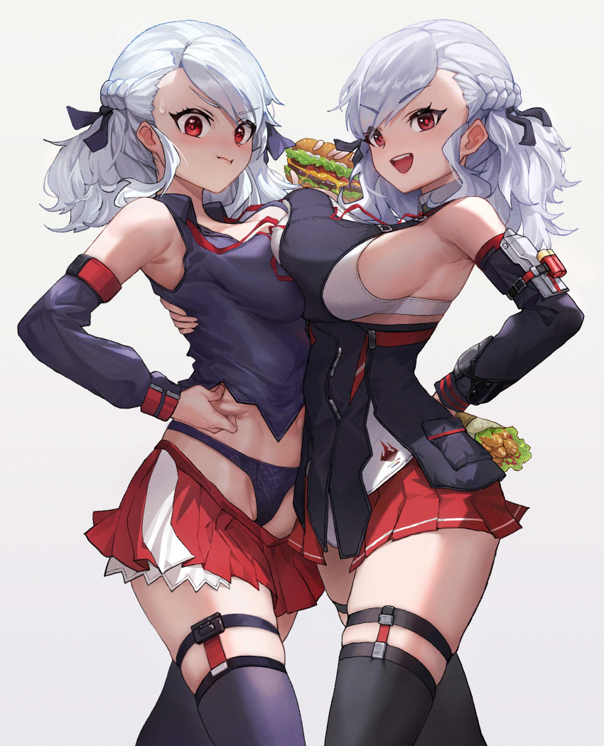 2girls :d absurdres arm_around_back black_panties black_ribbon black_shirt black_thighhighs breast_press breasts burger chinese_commentary cleavage closed_mouth commentary commentary_request detached_sleeves dual_persona folded_braid food girls'_frontline girls'_frontline_2:_exilium hair_ribbon highres large_breasts looking_at_viewer multiple_girls oerba_yun_fang open_mouth panties pinching pleated_skirt red_eyes red_skirt ribbon shirt shotgun_shell sideboob simple_background skirt smile spas-12_(girls'_frontline) symmetrical_docking thighhighs underwear undressing white_background white_hair zerowill