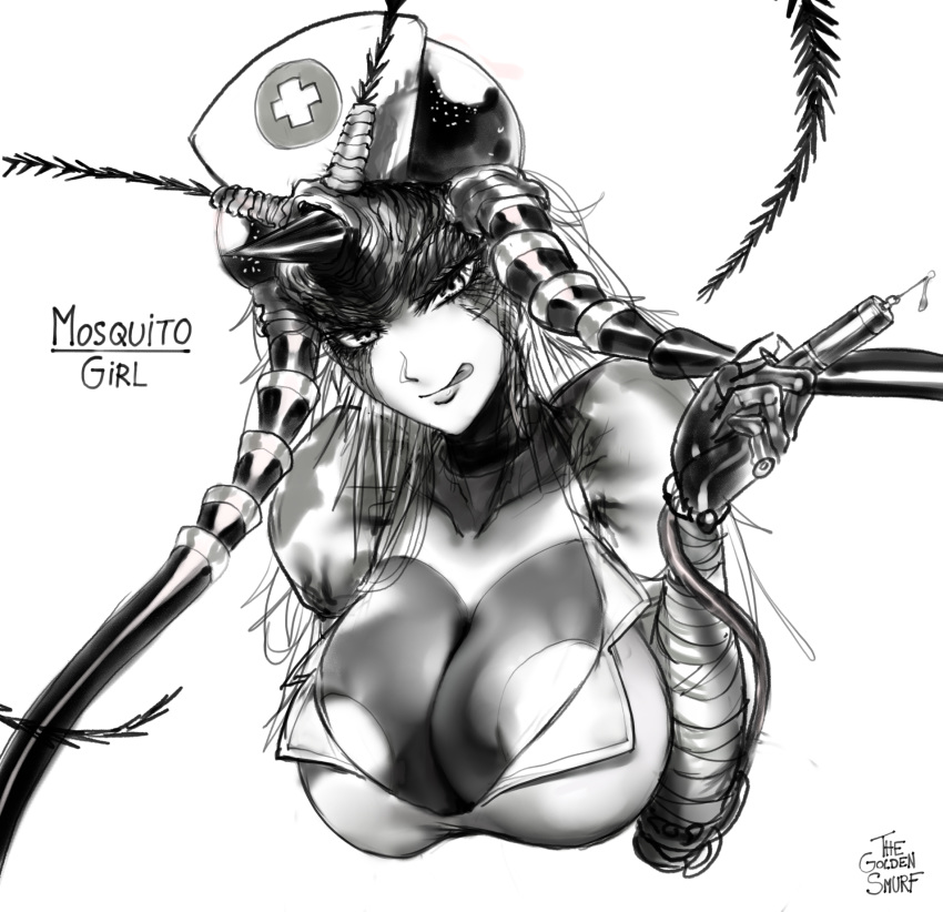 antennae arthropod_girl breasts carapace character_name cleavage commentary compound_eyes extra_eyes female hat highres large_breasts licking_lips monochrome monster_girl mosquito_girl mosquito_musume naughty_face nurse nurse_cap one-punch_man photoshop_(medium) solo syringe the_golden_smurf tongue tongue_out upper_body