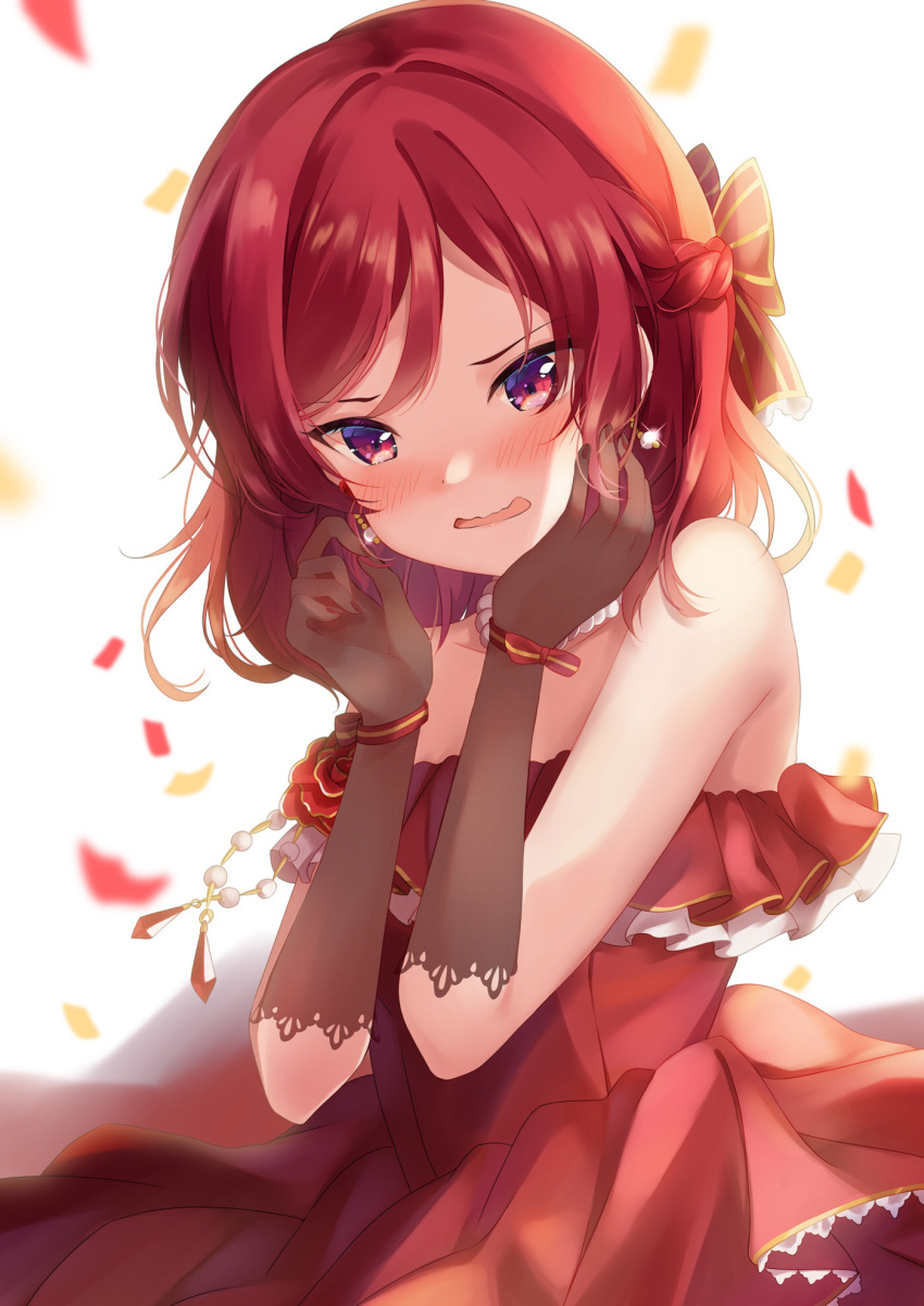 birthday black_gloves blush commentary confetti depe dress earrings elbow_gloves female gloves highres jewelry looking_at_viewer love_live! love_live!_school_idol_project necklace nishikino_maki purple_eyes red_dress red_hair short_hair sidelocks solo