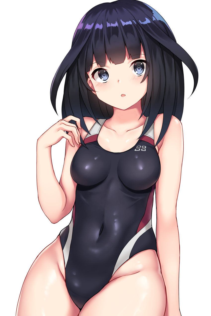 agatsuma_kaede alice_gear_aegis arm_at_side armpit_crease black_hair black_one-piece_swimsuit blue_eyes blunt_bangs blush breasts collarbone commentary_request competition_swimsuit covered_navel cowboy_shot female highleg highleg_swimsuit highres impossible_clothes impossible_swimsuit long_hair looking_at_viewer medium_breasts nene_(atsushi_hamano) one-piece_swimsuit open_mouth simple_background sitting solo swimsuit white_background