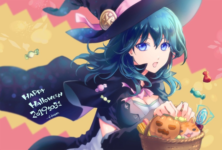 artist_name basket blue_eyes blue_hair breasts byleth_(female)_(fire_emblem) byleth_(fire_emblem) candy cape cleavage commentary_request female fire_emblem fire_emblem:_three_houses food halloween halloween_costume happy_halloween hat holding holding_basket kazura_enji medium_hair solo upper_body witch_hat