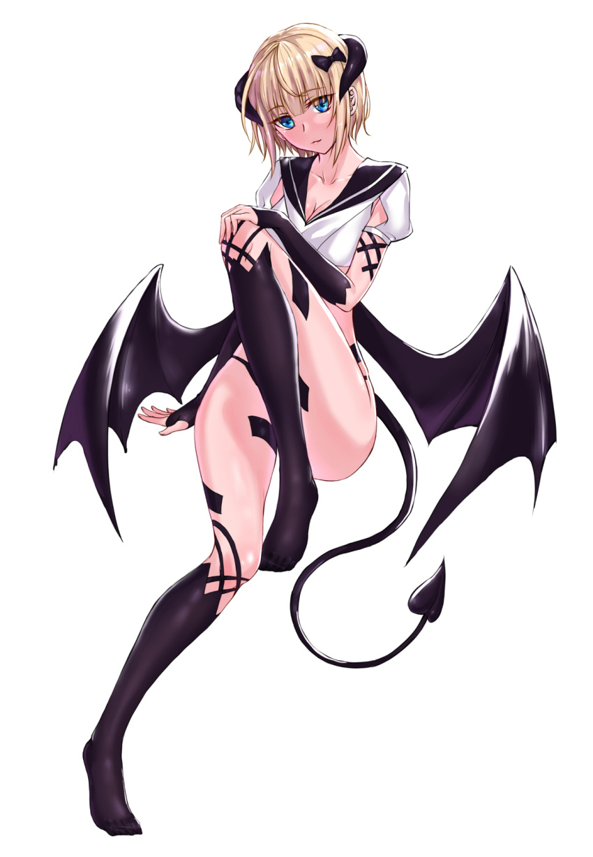 black_bow black_gloves black_panties black_socks black_wings blonde_hair blue_eyes blunt_bangs bow breasts chinese_commentary cleavage closed_mouth commentary_request crop_top demon_girl demon_horns demon_tail demon_wings female fingerless_gloves full_body gloves hairbow highres horns kneehighs looking_at_viewer medium_breasts no_shoes original panties sailor_collar shirt short_hair short_sleeves simple_background sitting socks solo tail underwear white_background white_shirt wings yeklsa