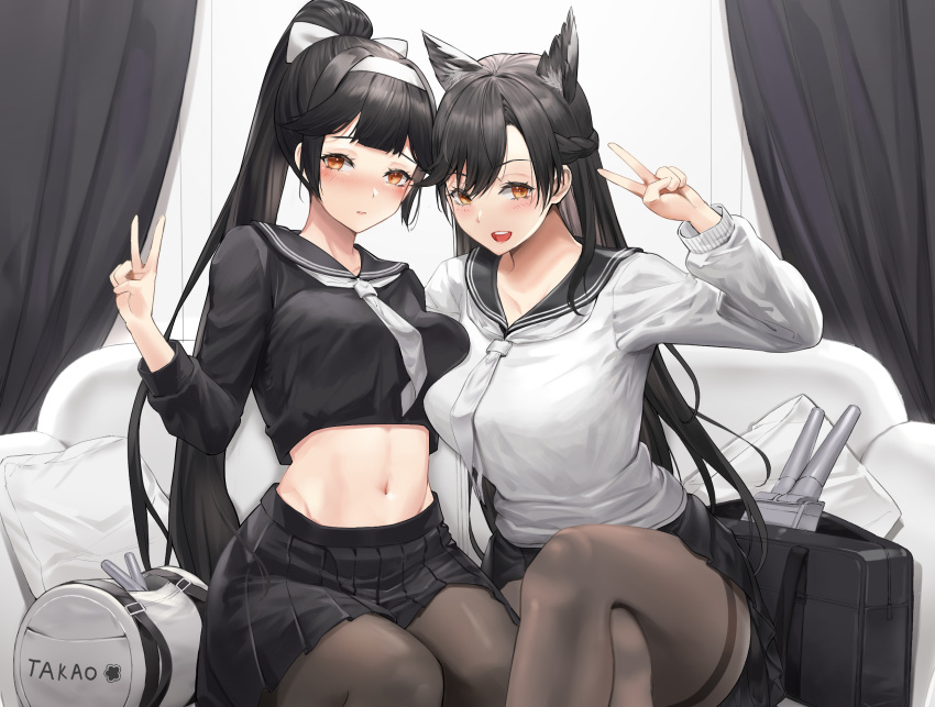 2girls animal_ears atago_(azur_lane) atago_(school_traumerei)_(azur_lane) azur_lane bag black_hair black_pantyhose black_serafuku black_skirt bow breasts cardigan couch crop_top crop_top_overhang crossed_legs dog_ears extra_ears green_eyes hair_flaps hairband highres large_breasts long_hair midriff miniskirt mole mole_under_eye multiple_girls navel neckerchief official_alternate_costume pantyhose pleated_skirt ponytail ribbon sayaka_ikku school_uniform serafuku shoulder_bag sitting skirt takao_(azur_lane) takao_(school_romanza)_(azur_lane) v white_bow white_cardigan white_hairband white_neckerchief white_ribbon