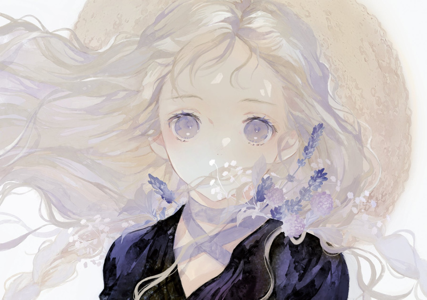 black_jacket blonde_hair blue_eyes blue_flower expressionless female flower flower_in_mouth hat highres jacket long_hair looking_at_viewer muted_color niwa_haruki original shirt simple_background solo straw_hat upper_body white_background white_flower white_shirt