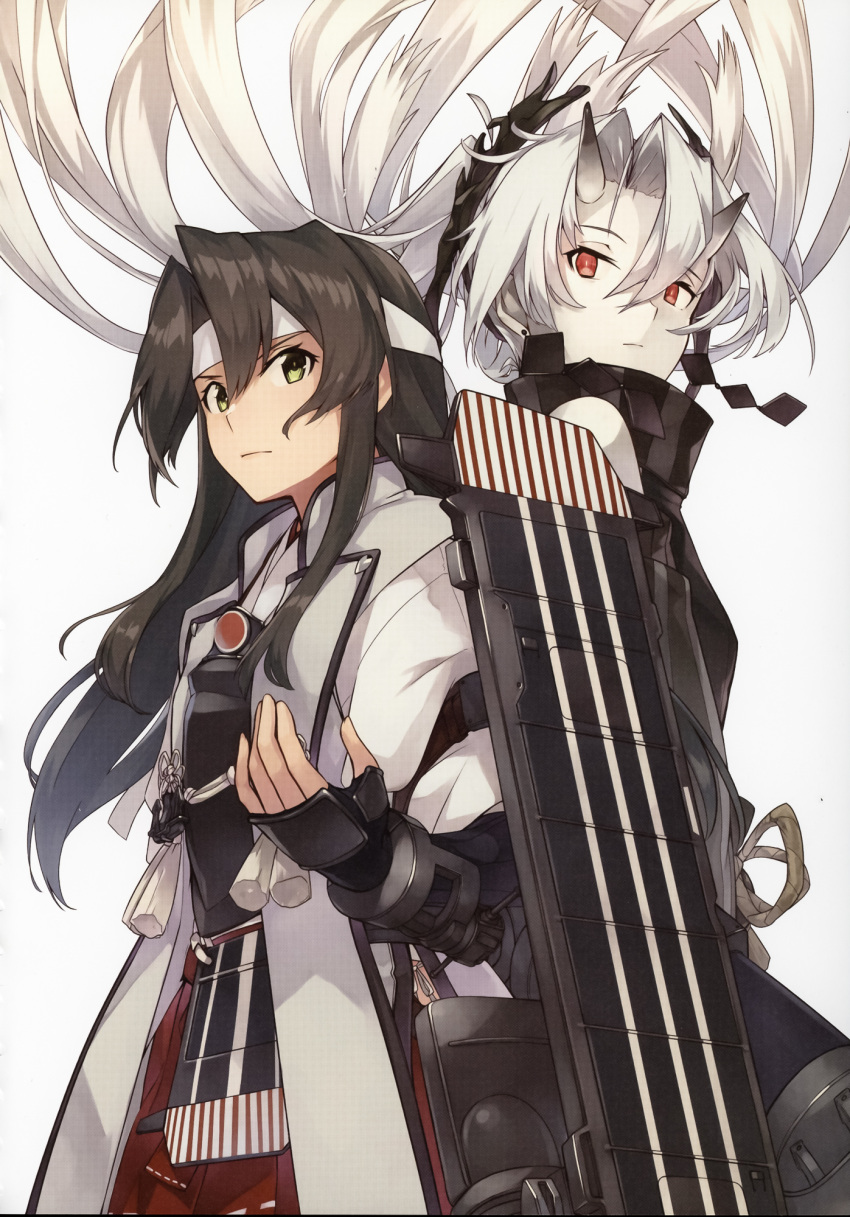 2girls abyssal_crane_princess abyssal_ship alternate_costume alternate_hairstyle armor back-to-back breastplate colored_skin cowboy_shot dark_green_hair dark_persona detached_sleeves flight_deck floating_hair gauntlets green_hair hachimaki hair_down headband highres japanese_clothes jinbaori kantai_collection konishi_(koconatu) long_hair machinery multiple_girls muneate official_art photoshop_(medium) red_eyes ribbon scan scan_artifacts tasuki upper_body white_background white_hair white_ribbon white_skin yellow_eyes zuikaku_(kancolle) zuikaku_kai_ni_(kancolle)