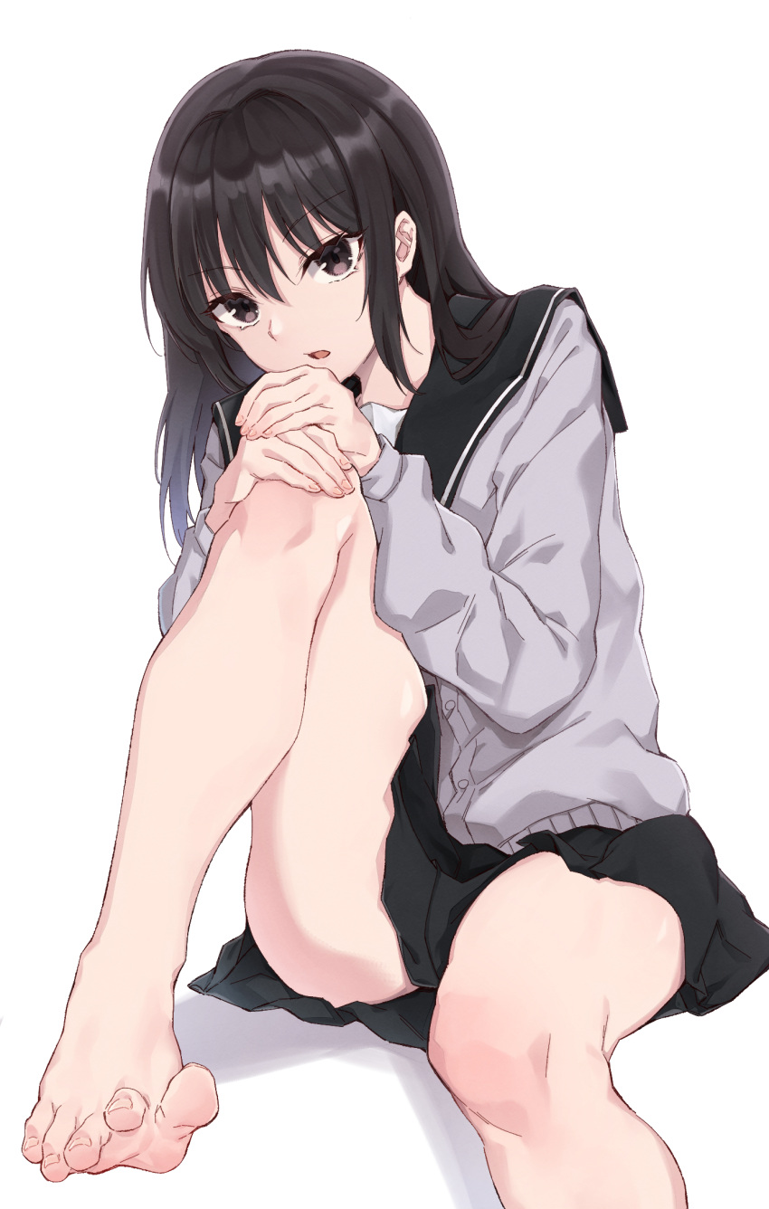 barefoot batatata77 black_hair black_skirt brown_eyes dorsiflexion feet female foot_out_of_frame highres knee_up legs long_hair long_legs looking_at_viewer open_mouth original pleated_skirt school_uniform serafuku simple_background sitting skirt solo spread_toes toenails toes white_background