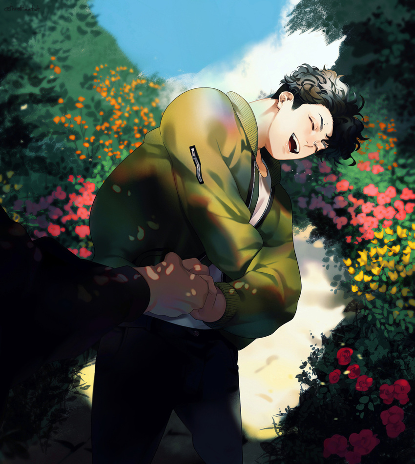 2boys ^_^ ^o^ bangs black_hair closed_eyes day flower haikyuu!! hands happy head_tilt highres holding_hands jacket male_focus multiple_boys open_clothes open_jacket outdoors pov sakusa_kiyoomi sky solo_focus standing throttlee