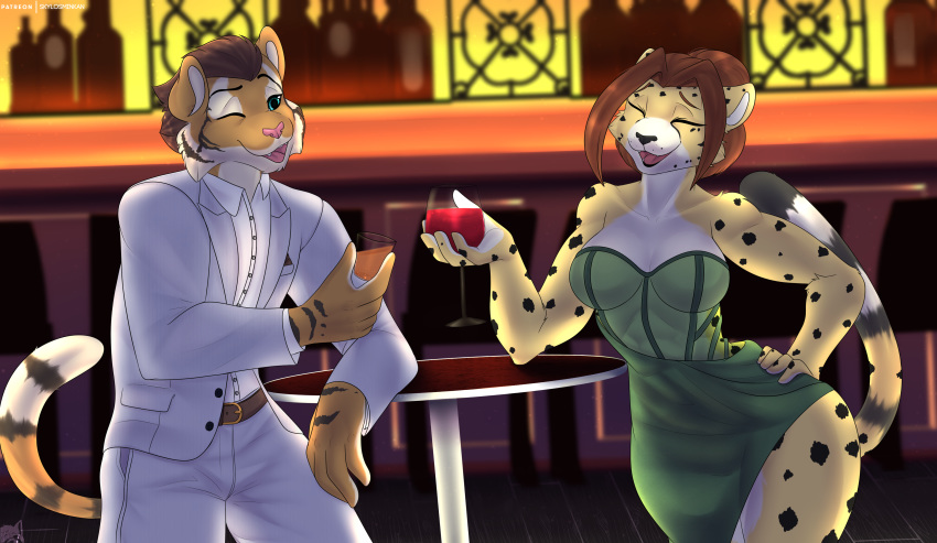 abs absurd_res alcohol anthro bar beverage breasts cheetah clothed clothing digital_media_(artwork) dress duo felid feline female hi_res male mammal mia_amaya pantherine shaded skylosminkan tiger