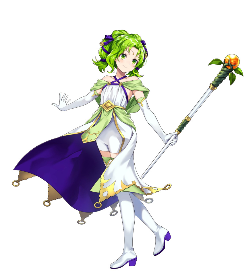 aged_down amagai_tarou bare_shoulders boots closed_mouth collarbone criss-cross_halter dress elbow_gloves female fire_emblem fire_emblem:_the_sacred_stones fire_emblem_heroes full_body gloves green_eyes green_hair hair_ornament halterneck highres holding jewelry l'arachel_(fire_emblem) l'arachel_(seeker_of_justice)_(fire_emblem) long_hair looking_away non-web_source official_art sleeveless smile solo staff thigh_boots thighhighs tied_hair transparent_background white_footwear white_gloves