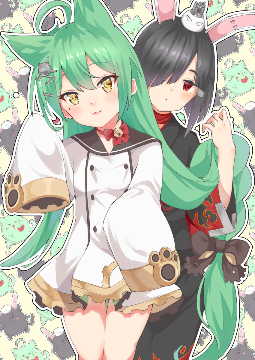 2girls :3 absurdly_long_hair absurdres akashi_(azur_lane) animal_ears animalization azur_lane bad_id bad_pixiv_id black_hair black_kimono blush braid bright_pupils carrying choker closed_mouth commentary_request diagonal_bangs empty_eyes feline green_hair hair_over_one_eye hair_ribbon headgear highres japanese_clothes jitome kimono long_hair long_sleeves looking_at_viewer mashiro_kta mechanical_ears meowfficer_(azur_lane) mole mole_under_eye multiple_girls outline rabbit_ears red_eyes ribbon shiranui_(azur_lane) short_hair sidelocks single_braid sleeves_past_fingers sleeves_past_wrists smile tsurime very_long_hair white_outline wide_sleeves yellow_eyes