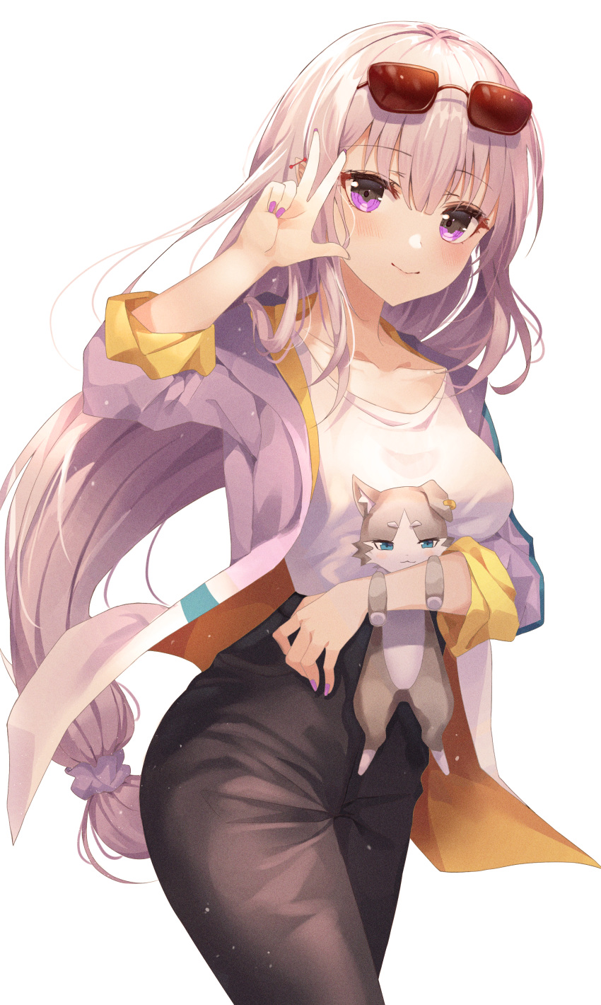 absurdres bad_id bad_pixiv_id black_pants breasts collarbone commentary cowboy_shot emilia_(re:zero) eyewear_on_head feline female grey_jacket hand_up highres jacket long_hair looking_at_viewer medium_breasts nail_polish open_clothes open_jacket pants puck_(re:zero) purple_eyes purple_nails re:zero_kara_hajimeru_isekai_seikatsu shaffelli shirt shirt_tucked_in simple_background smile standing sunglasses very_long_hair w white_background white_hair white_shirt