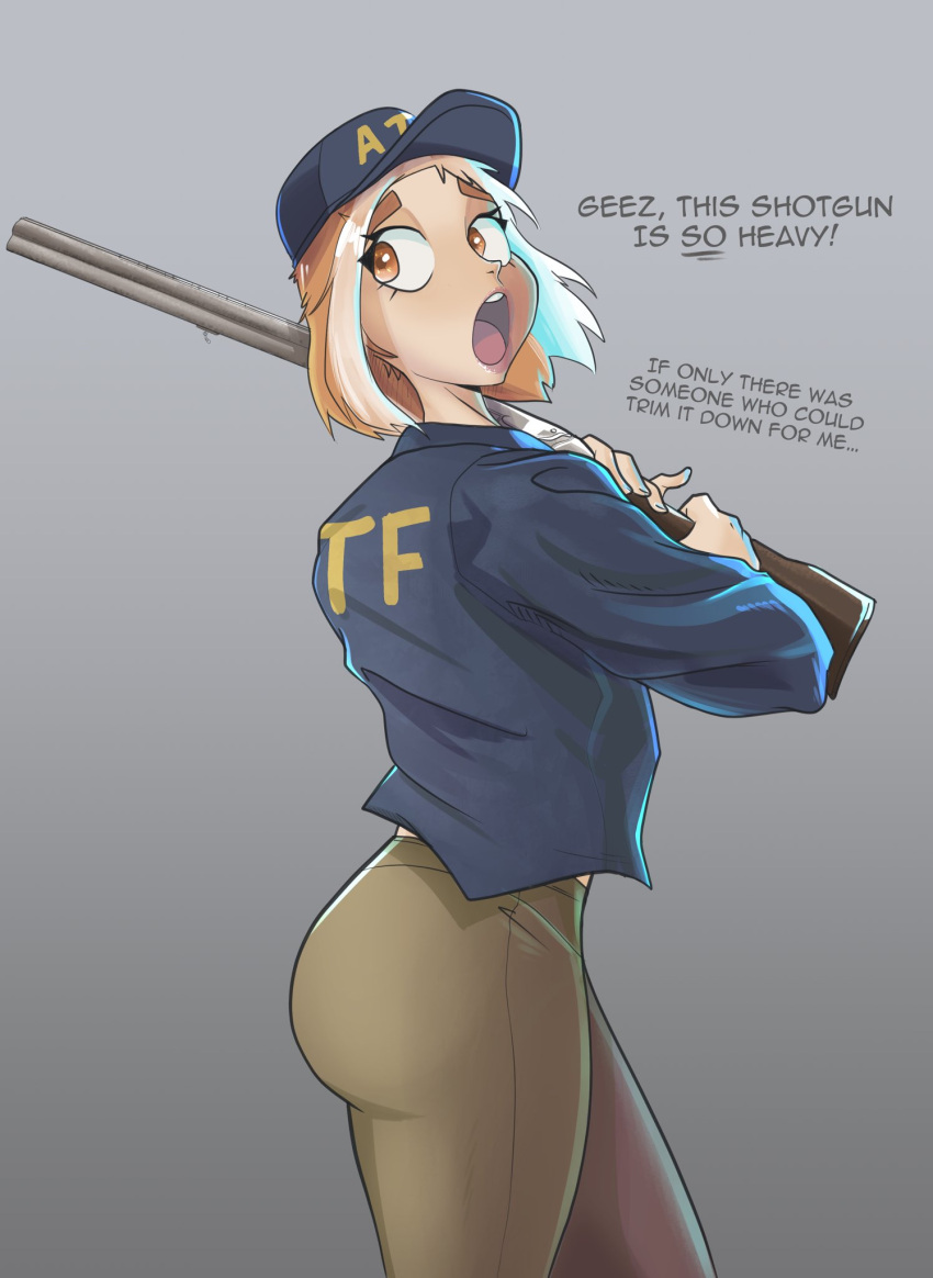 1girls ass big_ass big_butt blonde_hair brantmccrayy_(artist) bureau_of_alcohol_tobacco_and_firearms butt clothed clothes clothing double-barreled_shotgun english_text fat_ass federal_agent female female_only firearm first_porn_of_character first_porn_of_franchise fully_clothed government_employee gun hat hips large_ass large_butt marsey_(rdrama.net) meme open_mouth rdrama.net reddit shotgun solo solo_female thick thick_ass thick_thighs thighs uniform weapon weapon_over_shoulder wide_hips