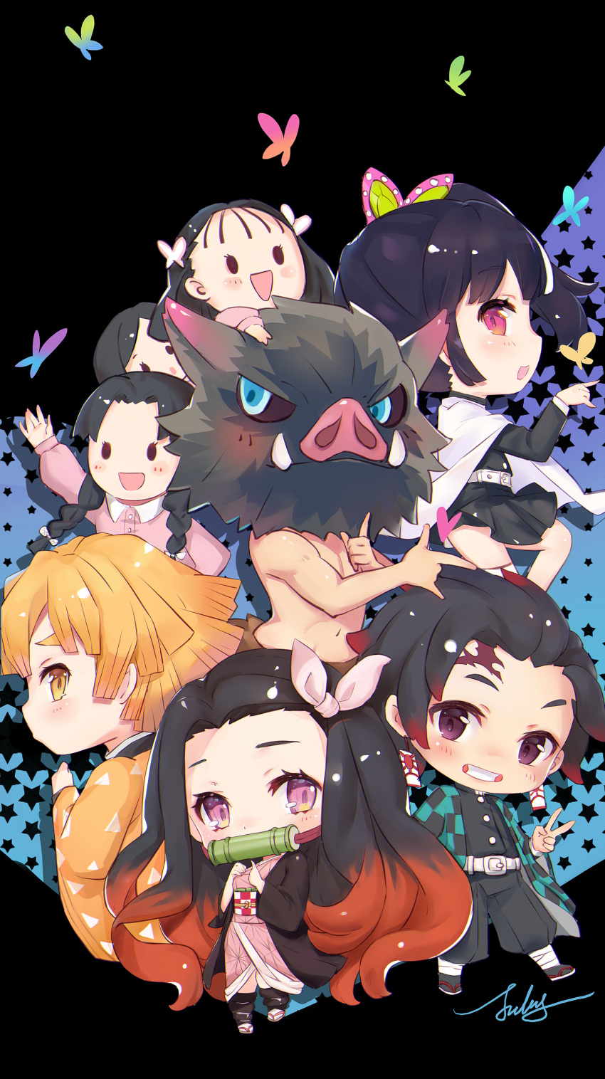 3boys 5girls :d \m/ absurdres agatsuma_zenitsu bamboo bare_back belt belt_buckle bit_gag black_hair black_jacket black_pants black_skirt blonde_hair blue_eyes blush blush_stickers boar_mask braid brown_footwear brown_hair buckle bug butterfly butterfly_hair_ornament cape checkered_haori chibi collared_shirt commentary demon_slayer_uniform dress_shirt earrings eyebrows_hidden_by_hair forehead gag gradient_hair grin hair_ornament hair_ribbon hashibira_inosuke heart highres jacket japanese_clothes jewelry jiujiuyatou_(yayanzz) kamado_nezuko kamado_tanjirou kimetsu_no_yaiba kimono long_hair long_sleeves mask mouth_hold multicolored_hair multiple_boys multiple_girls nakahara_sumi navel obi open_clothes open_mouth pants parted_bangs parted_lips photoshop_(medium) pink_eyes pink_kimono pink_ribbon pink_shirt pleated_skirt profile puffy_long_sleeves puffy_pants puffy_sleeves purple_eyes ribbon sash scar scar_on_face scar_on_forehead shirt side_ponytail skirt sleeves_past_wrists smile socks solid_oval_eyes star_(symbol) starry_background takada_naho terauchi_kiyo thick_eyebrows tsuyuri_kanao twin_braids twintails very_long_hair white_belt white_cape white_footwear white_legwear wide_sleeves yellow_eyes