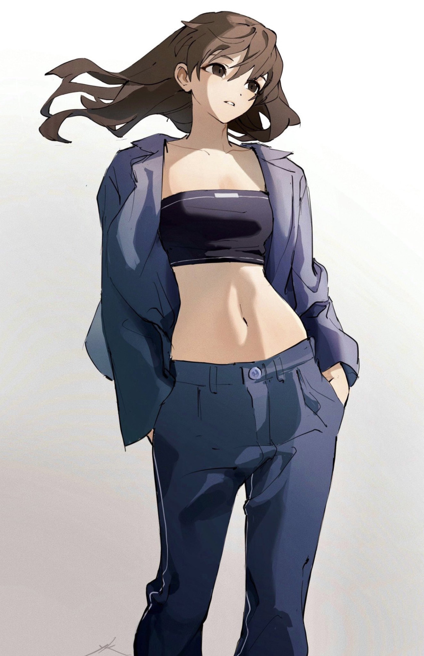 bandeau blue_jacket blue_pants breasts brown_eyes brown_hair commentary crop_top feet_out_of_frame female floating_hair hands_in_pockets head_tilt highres jacket kimura_731 long_hair long_sleeves looking_ahead medium_breasts midriff navel open_clothes open_jacket original pants parted_lips signature simple_background solo standing strapless symbol-only_commentary symbol-shaped_pupils tube_top white_background