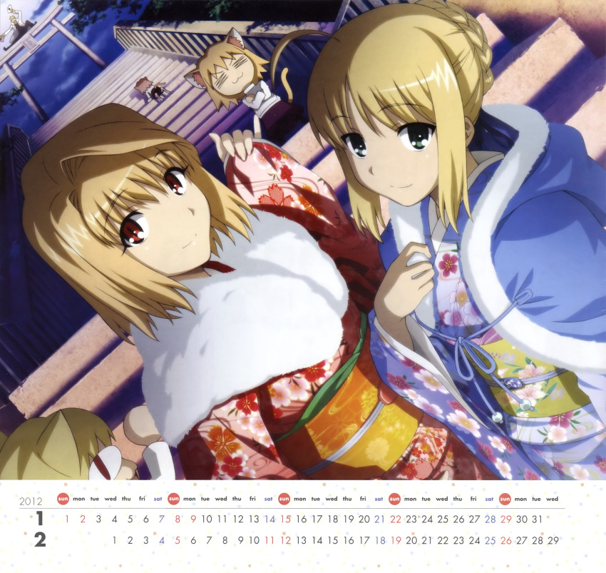 1boy 2012 2girls absurdres ahoge alternate_costume arcueid_brunestud artoria_pendragon_(fate) blonde_hair braid calendar_(medium) carnival_phantasm dutch_angle fate/stay_night fate_(series) february french_braid fur_collar fur_trim gilgamesh_(fate) green_eyes highres january japanese_clothes kimono morita_kazuaki multiple_girls neco-arc neco-arc_bubbles neco-arc_destiny neco_spirit obi obiage obidome obijime official_art red_eyes saber_(fate) sash stairs temple_gate tsukihime type-moon