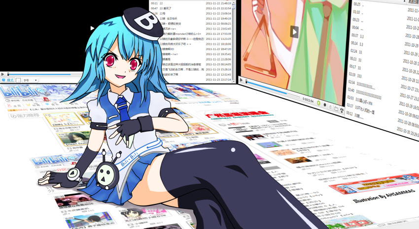 arm_support ashammas belt bili_girl_22 bili_girl_33 bilibili black_thighhighs blue_hair cameo chinese_text commentary_request cube_x_cursed_x_curious dark_persona derivative_work desktop fear_kubrick female fingerless_gloves gloves hand_on_own_chest hat highres instrument necktie open_mouth red_eyes sitting skirt solo thighhighs triangle_(instrument)