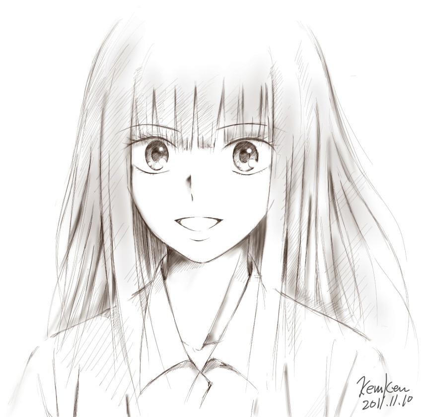 commentary_request dated female highres kem_kem kimi_ni_todoke kuronuma_sawako long_hair monochrome signature solo