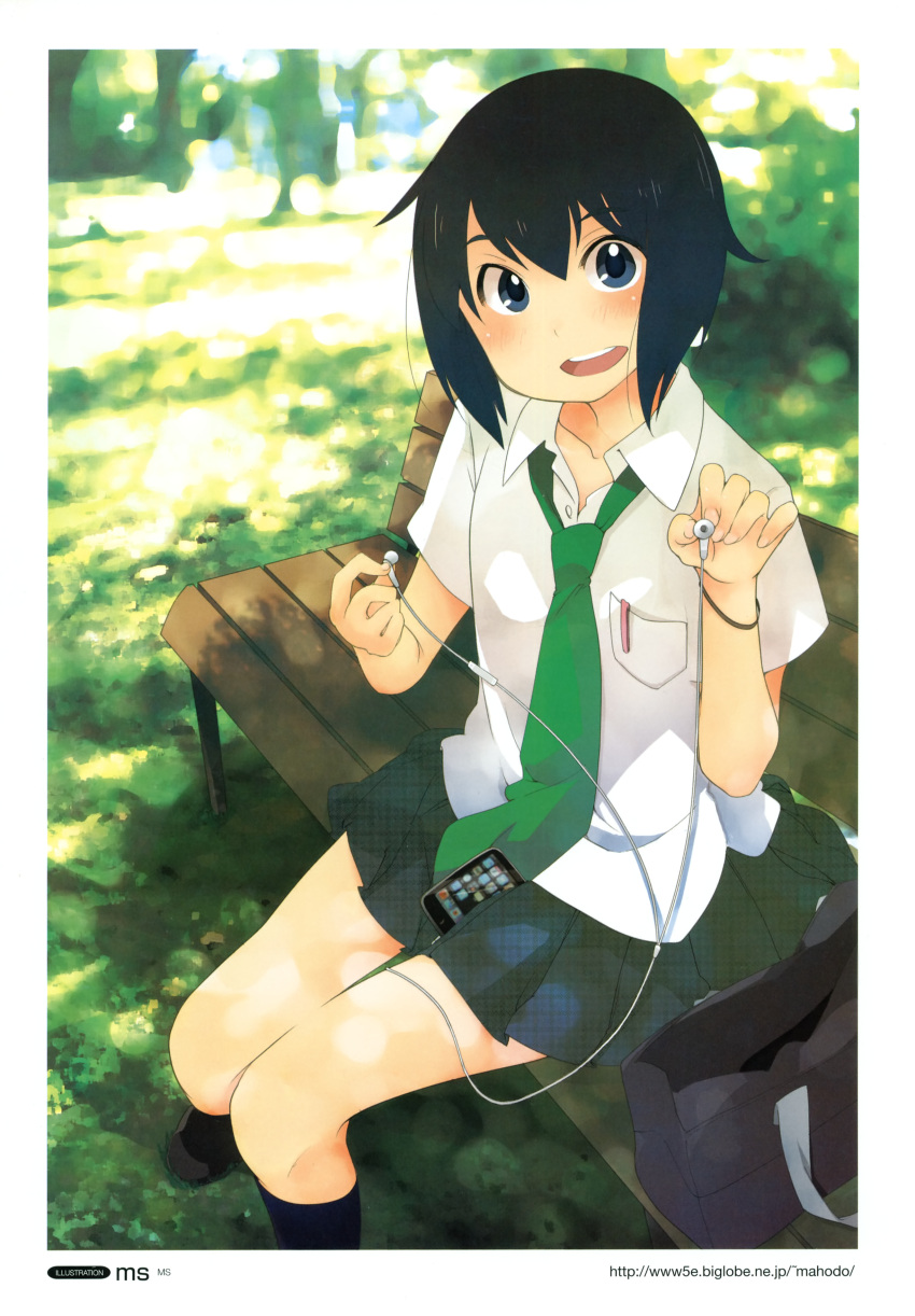 absurdres apple_inc. bag bench blue_eyes blue_hair digital_media_player earbuds earphones female highres ipod ipod_touch necktie original pointing pointing_at_viewer scan school_uniform shared_earphones short_hair skirt socks solo