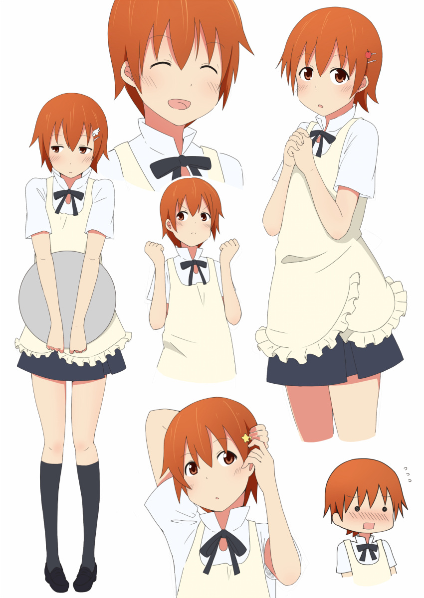 apron blush commentary_request female highres inami_mahiru koa long_legs multiple_views orange_hair reference_sheet short_hair waitress working!!