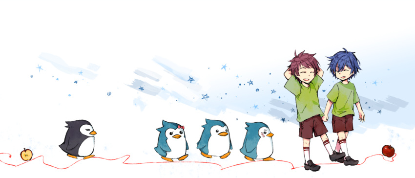 2boys aged_down apple bad_id bad_pixiv_id bird blue_hair closed_eyes esmeralda_(mawaru_penguindrum) food fruit karasmo lolicon mawaru_penguindrum multiple_boys penguin penguin_1-gou penguin_2-gou penguin_3-gou red_hair short_hair shorts string string_of_fate takakura_kanba takakura_shouma