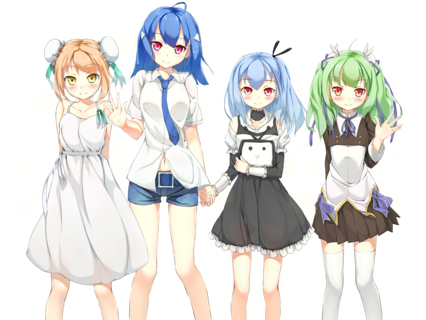 4girls acfun acfun_girl ahoge aqua_hair bare_shoulders bili_girl_22 bili_girl_33 bilibili blue_hair blush brown_hair bun_cover chinese_commentary commentary cu_(fsy84738368) double_bun dress green_dam green_hair hair_bun hair_ribbon highres holding_hands long_hair mascot multiple_girls necktie os-tan personification photoshop_(medium) red_eyes ribbon short_hair simple_background single_hair_bun skirt television twintails waving white_background yellow_eyes