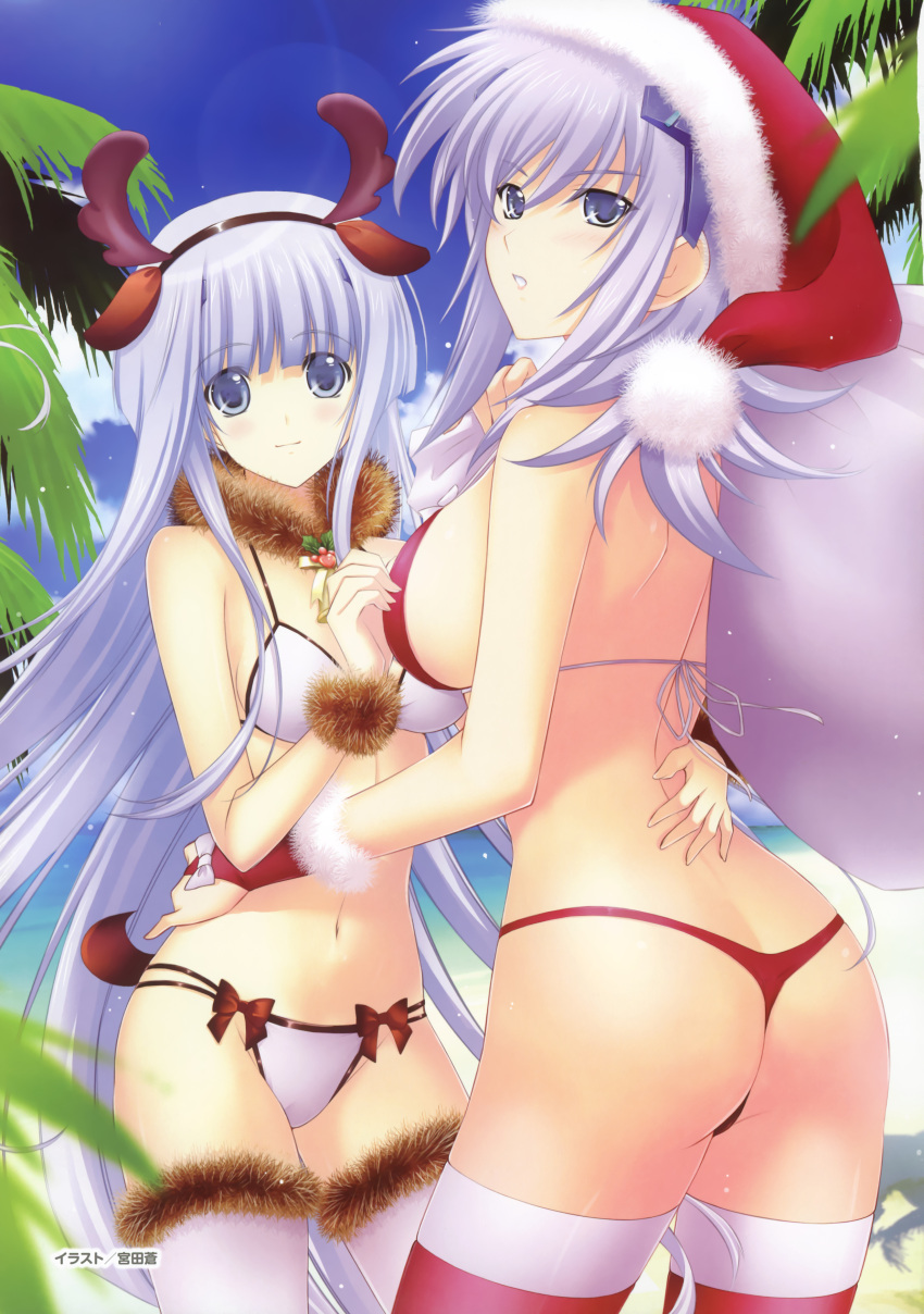 2girls absurdres animal_ears antlers artist_name ass back beach bell bikini black_hairband blue_eyes blurry blush bow bow_bikini breasts bridal_gauntlets butt_crack christmas closed_mouth cloud collar cowboy_shot cryska_barchenowa day deer_tail depth_of_field duplicate fake_animal_ears fake_antlers fake_tail flipped_hair from_side fur-trimmed_headwear fur-trimmed_legwear fur_collar fur_trim grabbing grabbing_another's_breast grey_eyes grey_hair hair_between_eyes hair_ornament hairband hand_on_another's_back hand_on_another's_hip hand_up hat highres holding holly horns hug image_sample inia_sestina large_breasts legs_apart lens_flare light_particles light_smile long_hair looking_at_viewer looking_back medium_breasts miyata_sou multi-strapped_bikini_bottom multiple_girls muv-luv muv-luv_alternative muv-luv_total_eclipse neck_bell ocean official_art open_mouth outdoors over_shoulder palm_tree parted_lips pinky_out red_bikini red_bow red_hat red_legwear reindeer_antlers sack santa_bikini santa_hat scan shiny_skin short_hair sideboob sidelocks skindentation sky smile standing straight_hair string_bikini swimsuit tail thighhighs thong_bikini tree very_long_hair water white_bikini white_bow white_legwear wristband yandere_sample yellow_bow yuri