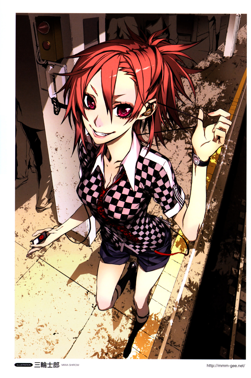 absurdres artist_name blouse breasts casual checkered_clothes checkered_shirt cleavage digital_media_player earphones eyelashes female foreshortening from_above grin hair_between_eyes highres ipod looking_at_viewer medium_breasts miwa_shirow necktie original polo_shirt red_eyes red_hair shirt short_hair short_shorts short_sleeves shorts shure smile socks solo_focus subway taut_clothes taut_shirt train_station watch watermark wristwatch