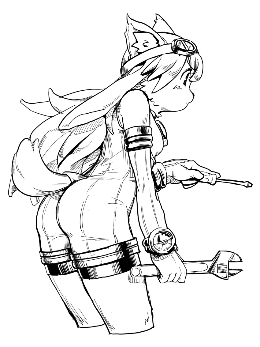 adjustable_wrench animal_ears aouma bad_id bad_pixiv_id bodysuit chocolat_gelato cropped_legs elbow_gloves female from_behind furry furry_female gloves goggles greyscale highres little_tail_bronx long_hair monochrome solatorobo solo tail wrench