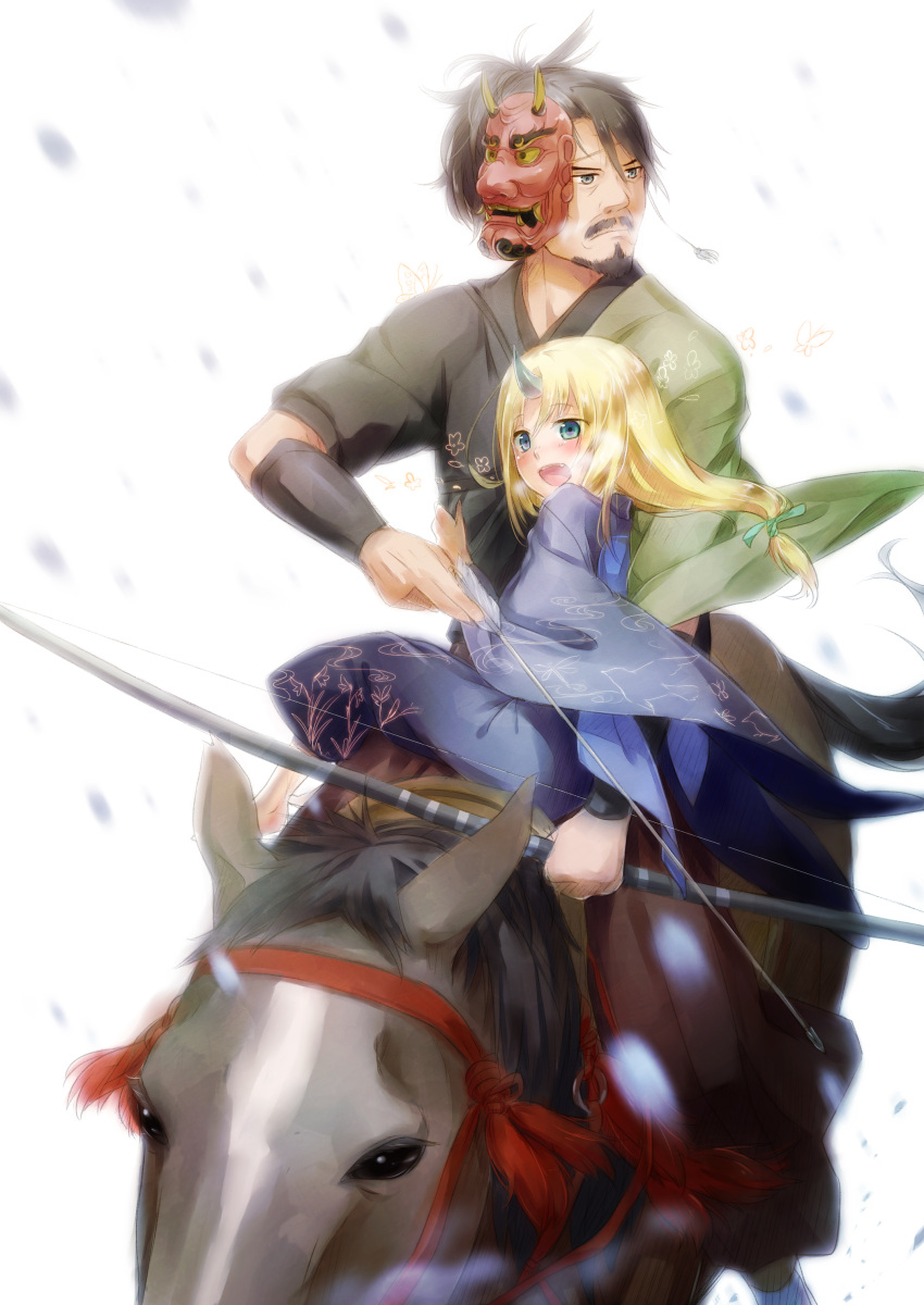 1boy absurdres archery arrow_(projectile) backlighting bad_id bad_pixiv_id blonde_hair blue_eyes bow_(weapon) facial_hair female goatee grey_eyes hair_tie hannya highres horns horse horseback_archery horseback_riding hug igote japanese_clothes long_hair looking_away mask moustache multiple_riders nekotama_(artist) oni open_mouth original riding sidesaddle simple_background single_horn sitting tied_hair weapon wide_sleeves