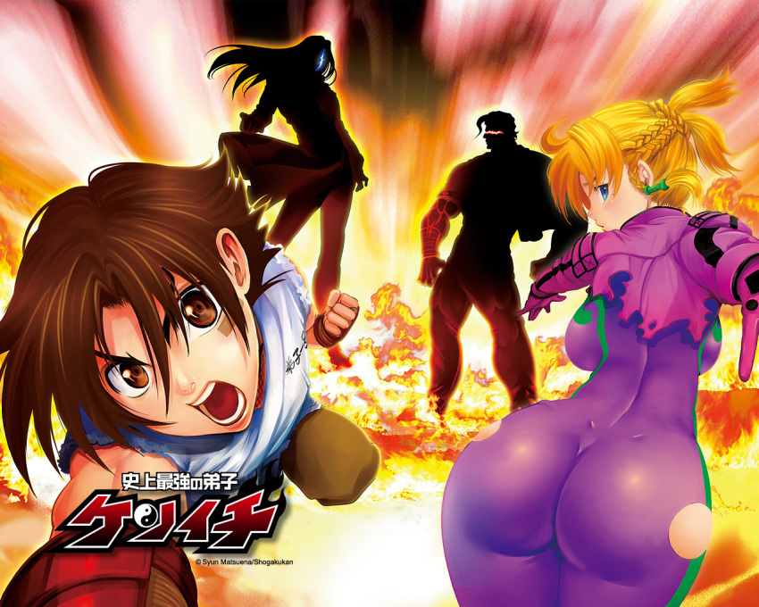 ass back backboob blonde_hair blue_eyes braid breasts brown_eyes brown_hair female fire from_behind furinji_miu gloves huge_ass jacket large_breasts lookin_back looking_at_viewer looking_back matsuena_shun official_art open_mouth plump shijou_saikyou_no_deshi_ken'ichi shijou_saikyou_no_deshi_kenichi shirahama_ken'ichi short_hair short_twintails skin_tight small_waist standing torn_clothes twintails twintails wallpaper wide_hips