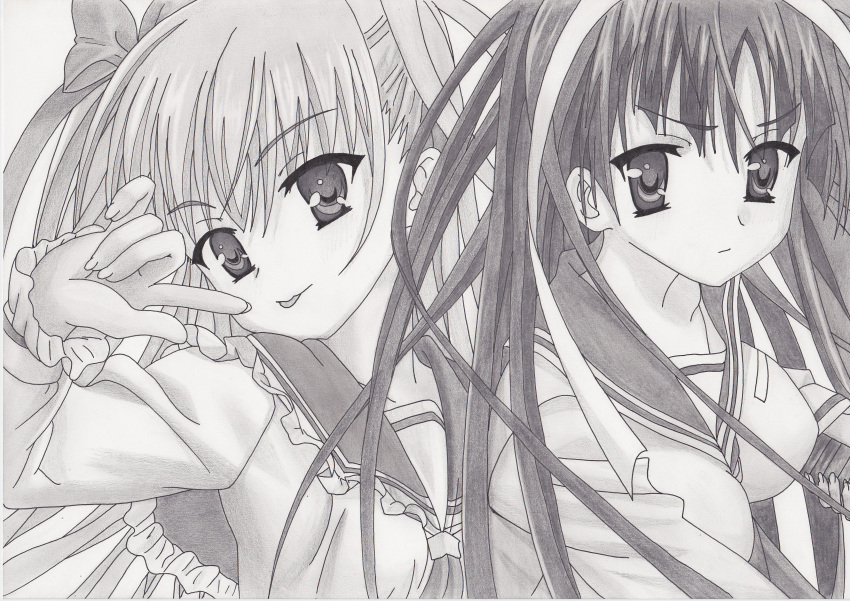 2girls :p absurdres breasts commentary_request hidan_no_aria highres hotogi_shirayuki long_hair medium_breasts mine_riko monochrome multiple_girls tennen-kajyuu120 tongue tongue_out