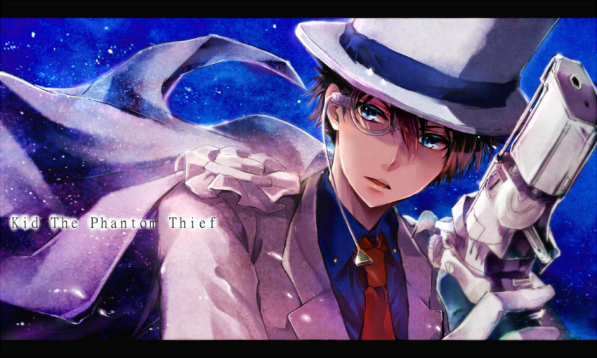 1boy bad_id bad_pixiv_id blue_eyes brown_hair character_name gun hat kaitou_kid kuroba_kaito letterboxed magic_kaito male_focus meitantei_conan monocle monocle_chain serinavvv solo top_hat weapon