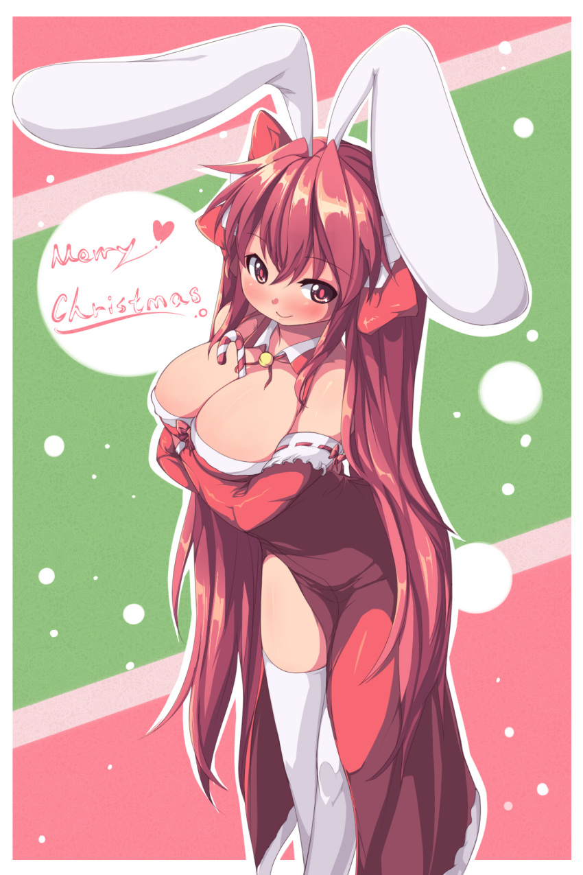 animal_ears between_breasts bow breasts christmas cleavage commentary_request di_gi_charat dice dress female hairbow highres large_breasts long_hair rabbit_ears red_eyes red_hair saiste side_slit smile solo thighhighs twintails usada_hikaru white_thighhighs