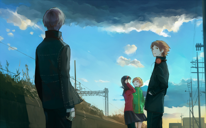 2boys 2girls amagi_yukiko ayaka0415 bike_shorts black_hair black_legwear brown_eyes brown_hair building cardigan cloud commentary_request dark_clouds day fence from_behind grass grey_hair hairband hanamura_yousuke hands_in_pockets headphones headphones_around_neck jacket long_hair multiple_boys multiple_girls narukami_yuu outdoors pantyhose persona persona_4 power_lines sailor_collar satonaka_chie school_uniform short_hair skirt sky transformer utility_pole wind