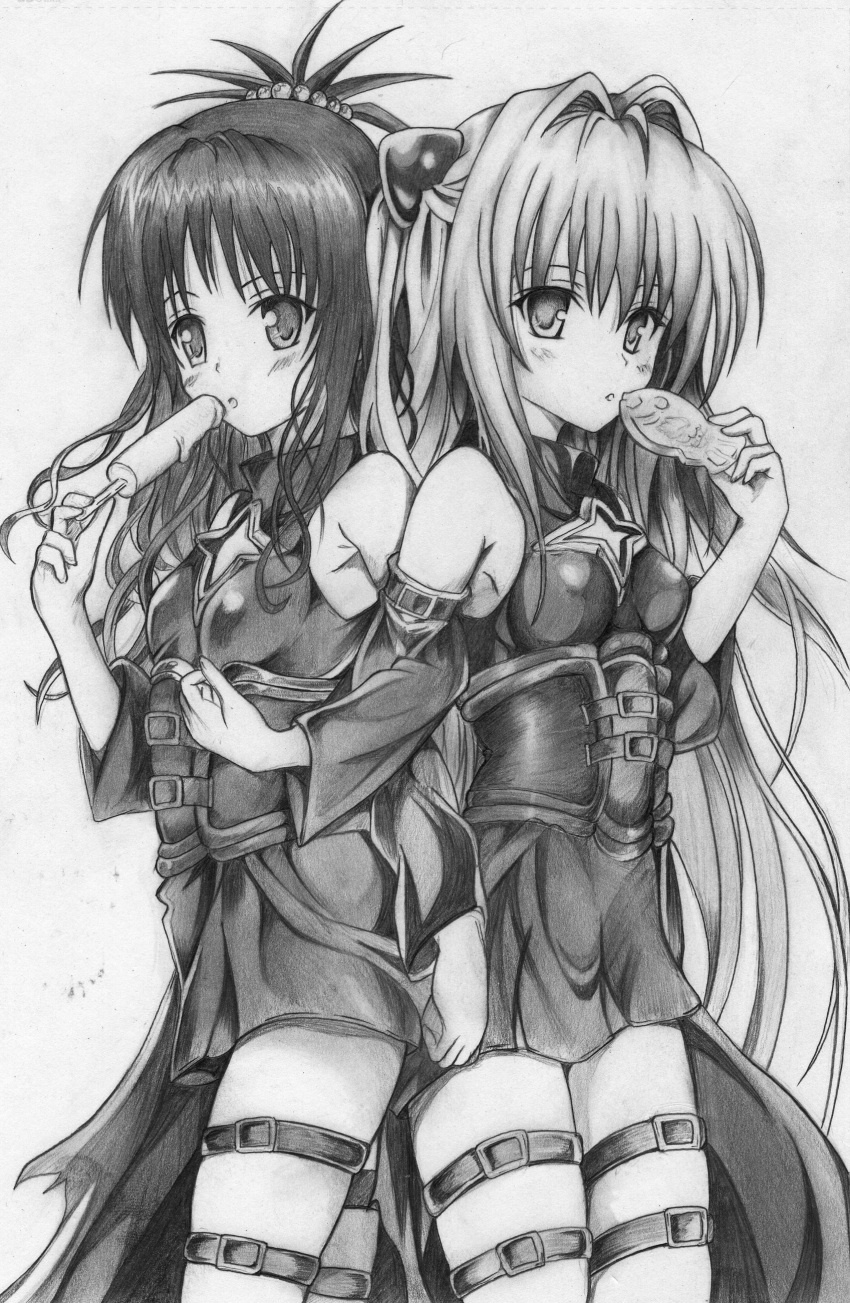 2girls absurdres blush commentary_request cosplay eating food greyscale highres konjiki_no_yami konjiki_no_yami_(cosplay) long_hair monochrome multiple_girls rinsu taiyaki to_love-ru wagashi yuuki_mikan