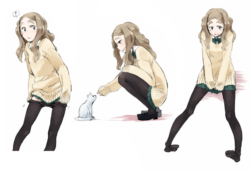 ! blue_eyes brown_hair chibikko_(morihito) clothes_pull commentary_request feline female loafers long_hair morihito original pantyhose pantyhose_pull shoes skirt speech_bubble spoken_exclamation_mark squatting sweater thick_eyebrows