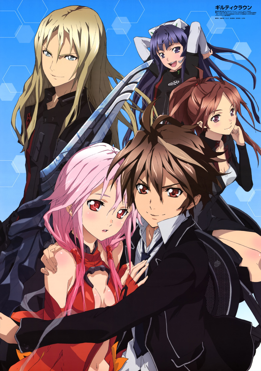 2boys 3girls :d absurdres animedia blonde_hair blue_hair body_blush breasts brown_eyes brown_hair cleavage collarbone guilty_crown hair_tubes highres katou_hiromi long_hair medium_breasts multiple_boys multiple_girls navel official_art open_mouth ouma_shuu pink_hair ponytail purple_eyes red_eyes scan school_uniform shinomiya_ayase short_hair small_breasts smile tsugumi_(guilty_crown) tsutsugami_gai yuzuriha_inori