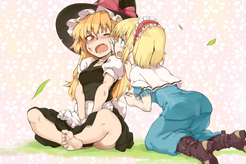 2girls alice_margatroid bad_id bad_pixiv_id barefoot blonde_hair blue_eyes blush boots eye_contact feet hands_on_lap hat highres indian_style injury kariinu kirisame_marisa kneeling looking_at_another multiple_girls oerba_yun_fang sitting soles sweatdrop toes touhou v_arms wince wiping witch_hat yellow_eyes yuri