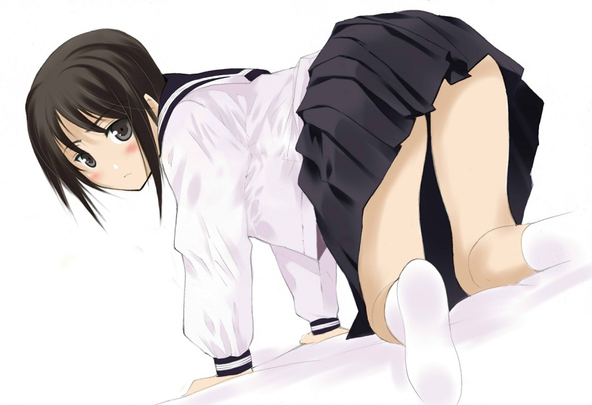 all_fours bad_id bad_pixiv_id black_eyes black_hair blush female from_behind looking_back moonsorrow original school_uniform socks solo